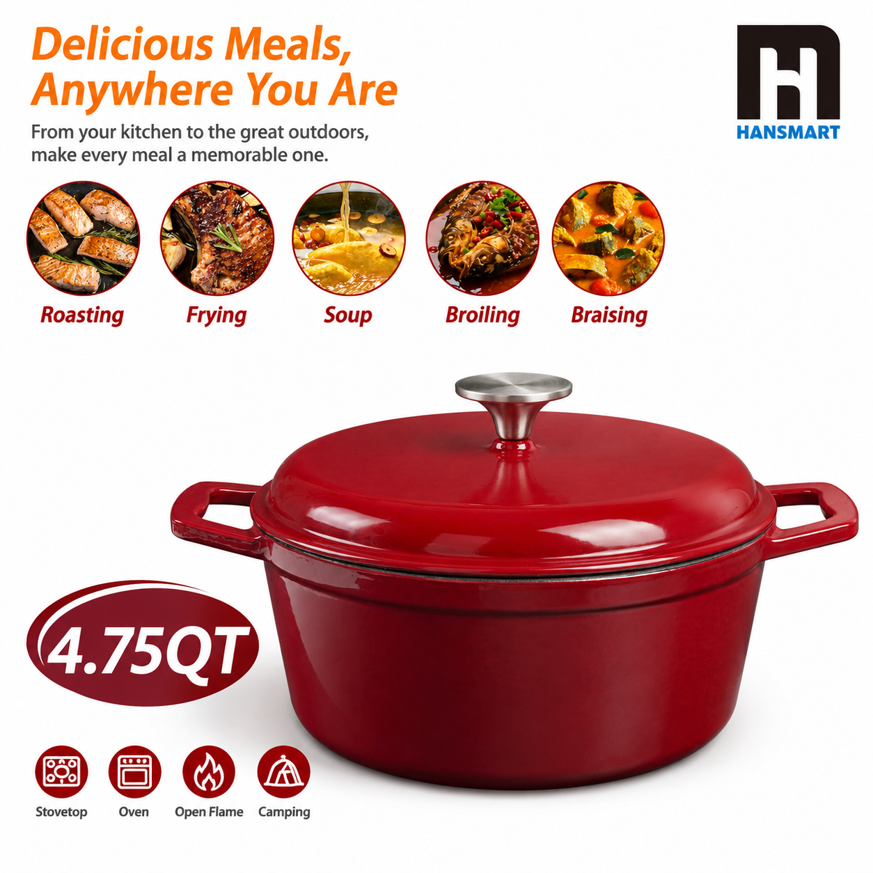 Dutch Oven Enamel - HANSMART 4.75Qt Enameled Cast Iron Dutch